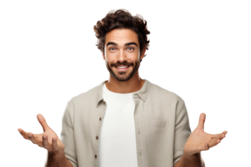 Man Raises Hands in Air. On a White or Clear Surface PNG Transparent Background.