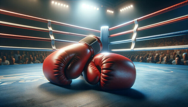 A detailed, realistic widescreen image showcasing a pair of red boxing gloves resting on the corner of a professional boxing ring. 