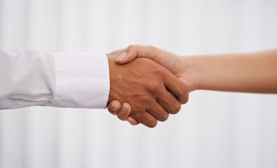 Business people, handshake and meeting with agreement in partnership, deal or b2b together at office. Closeup of employees or colleagues shaking hands for greeting, thank you or teamwork at workplace
