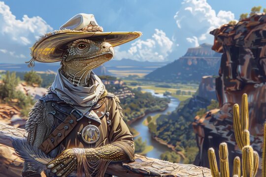 A lizard wearing a cowboy outfit and a hat.