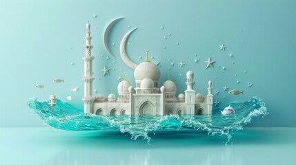 Undersea mosque and crescent moon art depicting Eid al-Adha's purity and abundance with a serene aquatic theme and halal symbols