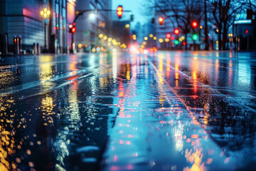 Cityscape at Night After the Rain: Wet Asphalt Reflecting Street Lights, Showcasing the Freshness After Rain and the Vibrancy of the City