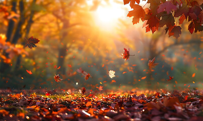 Autumn background with beautiful colorful leaves falling in the air and ground covered in fallen autumn leaves.  Beautiful natural autumn landscape with colorful foliage in the park.   - obrazy, fototapety, plakaty