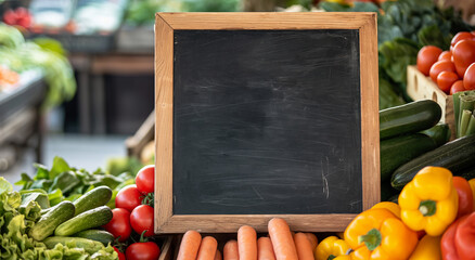 Blank chalkboard on a market stand surrounded by fresh vegetables. Retail promotion and local market advertising concept. Design for farmers market daily announcements, with space for text.
