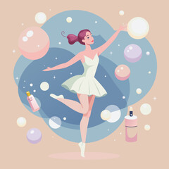 Graceful ballerina surrounded by floating bubbles, with ethereal beauty care products suspended in the air, capturing the essence of purity and gracefulness in skincare 