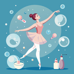 Graceful ballerina surrounded by floating bubbles, with ethereal beauty care products suspended in the air, capturing the essence of purity and gracefulness in skincare 