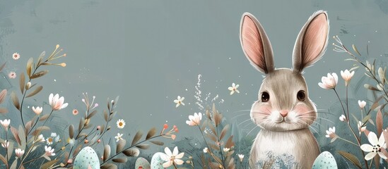 Chubby Rabbit in Springtime Floral Setting with Pastel Tones