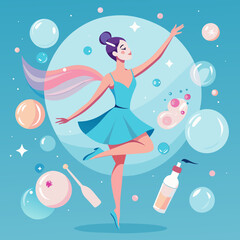 Graceful ballerina surrounded by floating bubbles, with ethereal beauty care products suspended in the air, capturing the essence of purity and gracefulness in skincare 