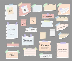 Paper notes on stickers, notepads and memo messages torn paper sheets. White and colorful striped note, copybook, notebook sheet. Office and school stationery, memo stickers. Vector