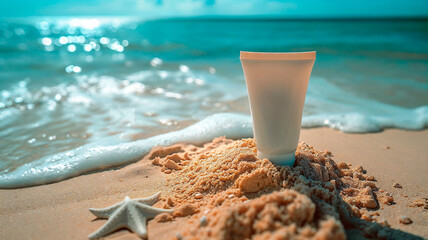 Sunscreen tube on sandy beach, sea foam, starfish aside, summer vacation theme.