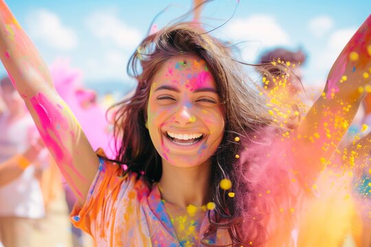 Portrait of a happy young beautiful woman celebrating Holi festival with bursts and splashes of vibrant, colorful Indian Holi powder.