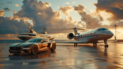 Luxury private jet car and yacht besides each other created with Generative AI