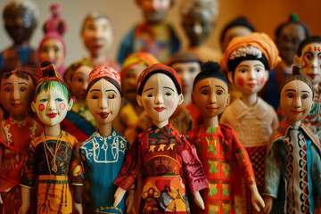 Global People diversity concept art shows in colorful puppet figures, Multi ethical and multi national handcrafted human figures standing in rows, Traditional handmade doll Souvenirs in fancy costumes - obrazy, fototapety, plakaty