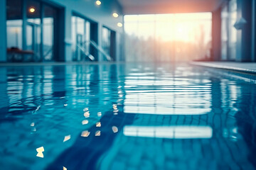 Tranquil indoor swimming pool, serene water, calming atmosphere, luxury leisure.