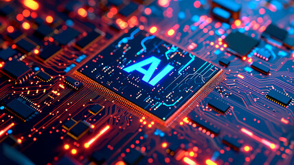 Close-up of AI (Artificial Intelligence) symbol on an illuminated circuit board.