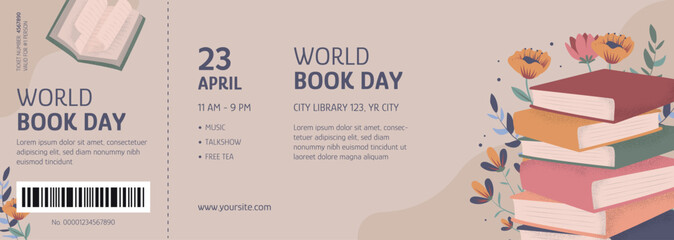 Hand drawn world book day celebration ticket template. Read more books. Set for book lovers. Various books, stack of books, notebooks. Vector illustration - obrazy, fototapety, plakaty