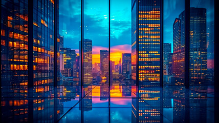 city skyline reflected in modern building windows at sunset