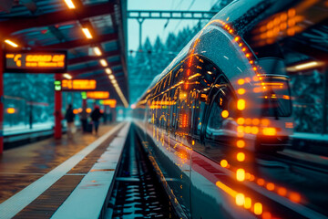 Fototapeta na wymiar illuminated train at station during snowy evening