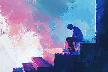 Depressed Boy Sitting Alone on Stairs, School Bullying and Mental Health Concept, Digital Illustration