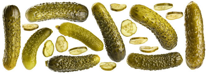 Pickled cucumbers isolated on white background. Collection with clipping path.