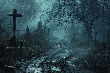 Eerie, muddy path winding through a misty, abandoned cemetery at night, creating a chilling and atmospheric dark fantasy landscape, digital art illustration.