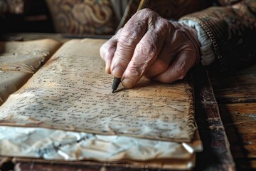 Elderly man's hand writing on antique manuscript, vintage illustration concept - obrazy, fototapety, plakaty