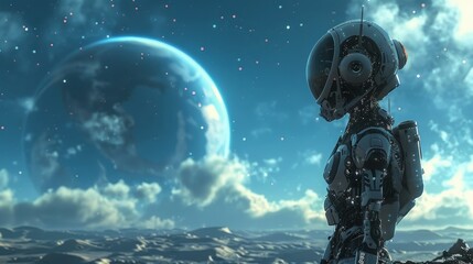 A robot communicating with an alien on a desolate moon like landscape using futuristic technology under a star filled sky - obrazy, fototapety, plakaty