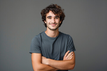 Photo of a happy young man with curly hair in a gray shirt standing on a gray background with his arms crossed and looking at the camera smiling