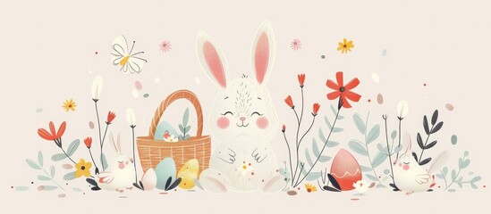 Adorable Pastel Art of Chubby Easter Rabbit with Baskets,Eggs,and Chicks in Fresh,Modern Floral Design