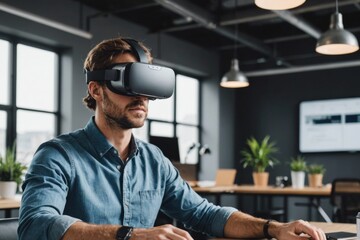 A virtual reality headset, indicative of casual business and cutting-edge technology integration, rests on a table in a modern workspace.