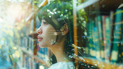 Young woman with futuristic digital overlay by bookshelves.