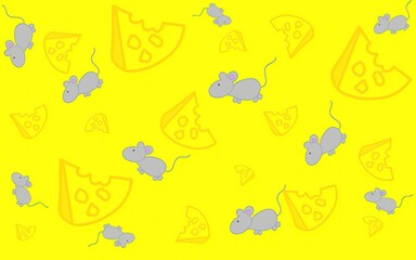 Cartoon pattern of cheese and mice. Pattern for children. Illustration with mice and a slice of cheese for printing on fabric, paper, bed linen, pajamas, stationery, wallpaper, notepads, dishes.