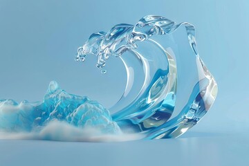 Pure water wave splash, aqua liquid sculpture, 3D render on blue background
