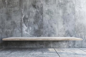 Empty gray concrete studio room with cement wall, floor, and shelf for product display, 3D rendering