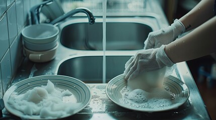 Fototapeta na wymiar A woman washes dishes in the kitchen, her hands gently washing two plates with soap suds on them