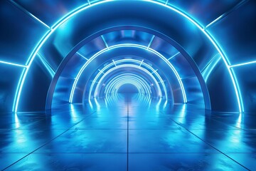 Futuristic Blue Corridor with Glowing Arches, Sci-Fi Architecture Background, 3D Rendering