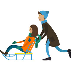 Excited couple riding on sled outdoors in winter vector icon isolated on white