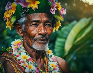 Elderly Man Embracing Tradition: Hawaiian Lei Adornment - obrazy, fototapety, plakaty