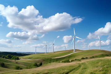 row of wind turbines on green hills, harnessing energy against a clear blue sky. Generative ai
