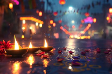 Happy Diwali - Lit oil lamps on street at night, festival background with rangoli, 3D rendering