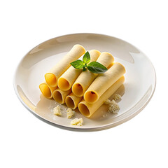 Cannelloni pasta on white plate. on transparent background