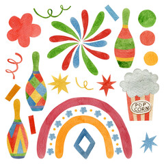 Watercolor set illustration of elements of circus attributes, skittles, party hats, popcorn, confetti, stars, rainbow
isolated on white background.