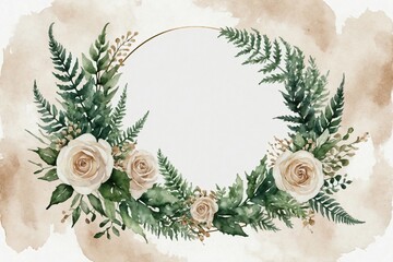 vintage watercolor wedding wreath of beige roses and green fern leaves on white 