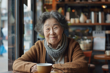 Warmly dressed elderly lady enjoying a cup of coffee in a cozy cafe, her smile reflecting a rich, contented life