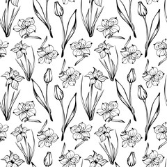 Seamless pattern with black and white colors. Sketch-style flowers pattern, hand-drawn on white background for unique packaging designs and flower shops in vintage style. Coloring book