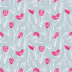 Seamless pattern with spring and summer colors. Sketch-style tulip, magnolia and narcissus pattern, hand-drawn on blue background for unique packaging designs and flower shops.