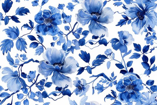 Fototapeta Watercolor Seamless pattern with blue and white