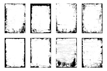  Overlay texture stamps with old, paper, grunge, grainy, vintage, worn, dust effect. Torn and crumpled pattern for poster or vinyl album cover. Vector of rough, dirty, grainy design, poster frame.