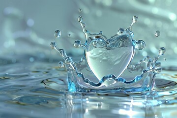 Liquid water splash forming heart shape, love and conservation concept, 3D illustration