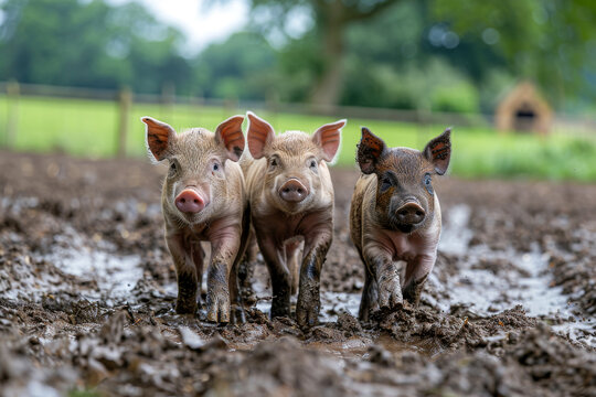 Young pigs playing in a muddy field on a sunny day